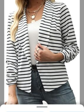 Striped Open-Front Blazer Jacket - White & Black